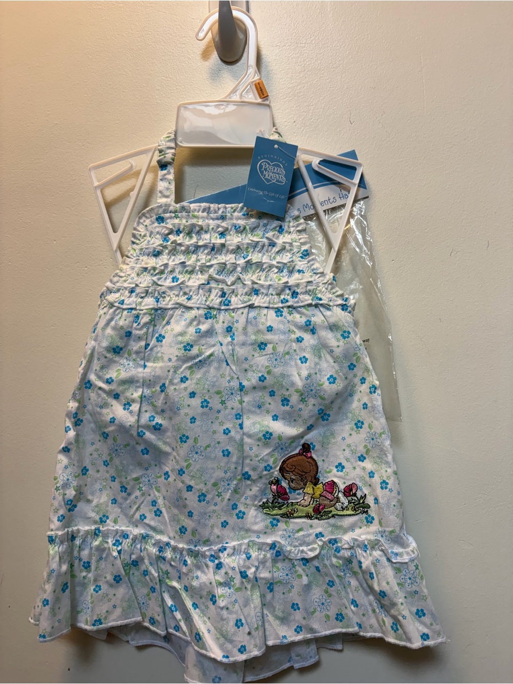 Vtg ‘90’s Precious Moments NWTS White & Blue Floral embroidered Sundress 3 piece
